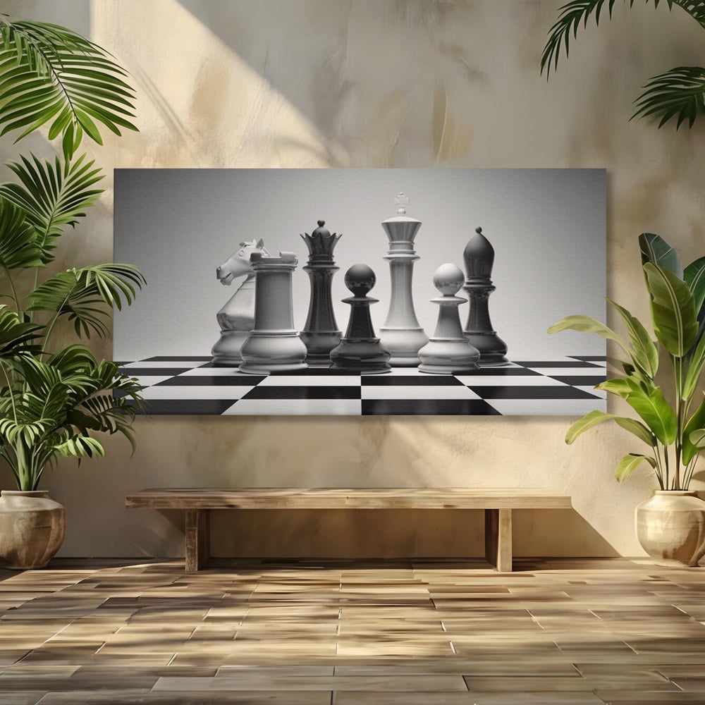 Tablou canvas cu tablou canvas cu piese de sah alb-negru, fara rama, pe sasiu de lemn